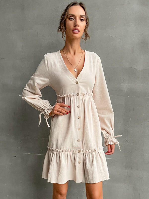 Women’s Dainty Button Down Long Sleeve Dress With Ruffles An Wrist Ties