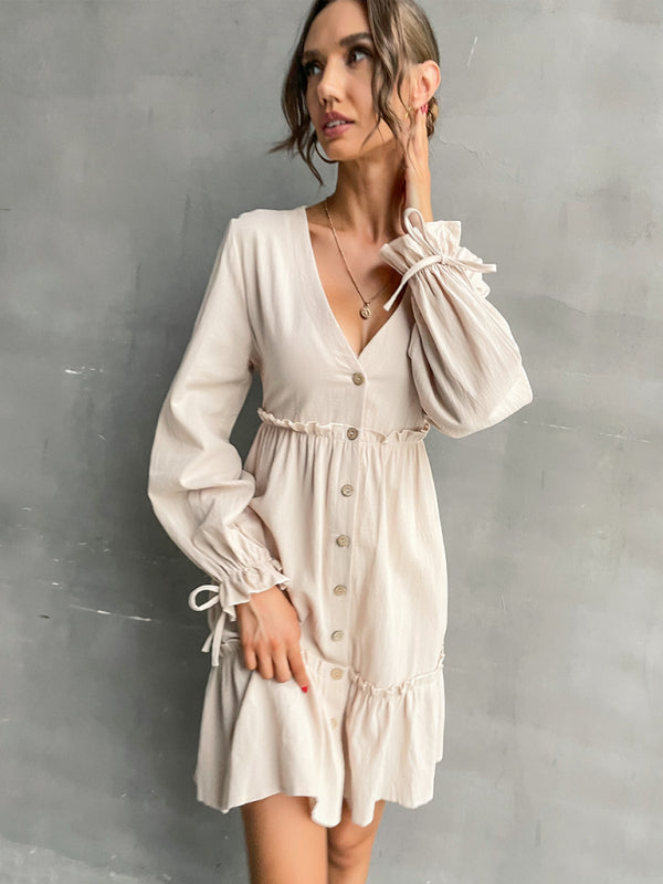 Women’s Dainty Button Down Long Sleeve Dress With Ruffles An Wrist Ties