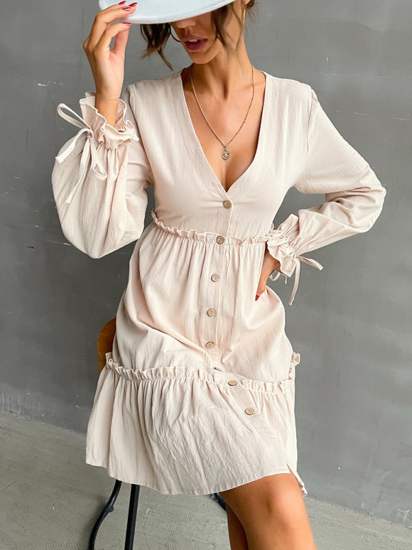 Women’s Dainty Button Down Long Sleeve Dress With Ruffles An Wrist Ties