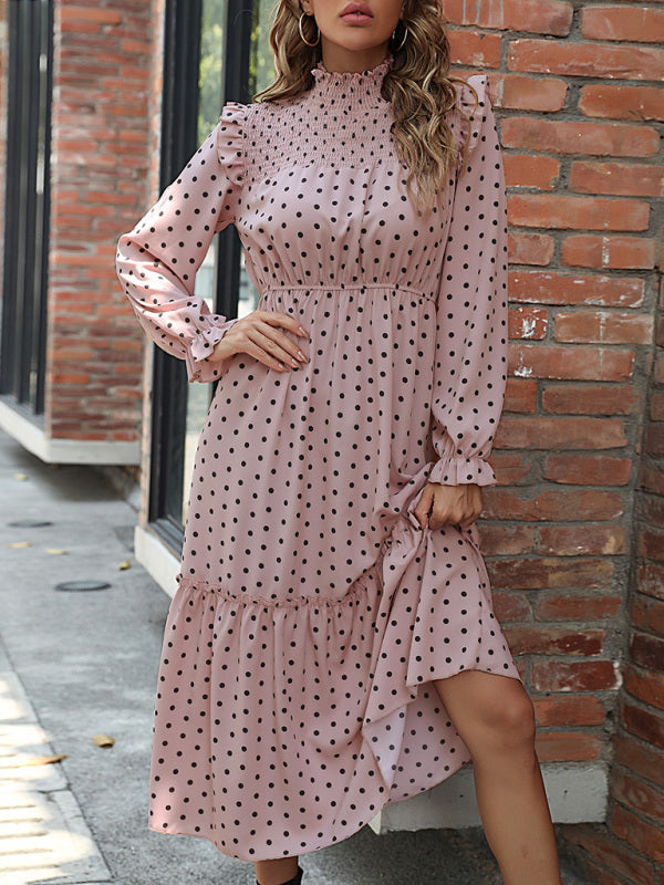 Women’s Polka Dot Smocked Long Sleeve Ruffle Neckline Tiered Skirt Dress