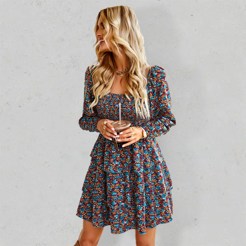 Women's Square Neck Long Sleeve Printed Cake Dress