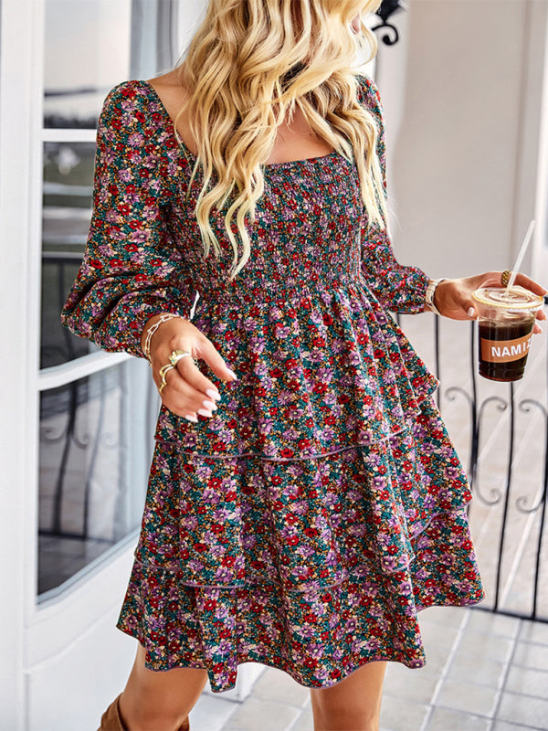 Women's Square Neck Long Sleeve Printed Cake Dress