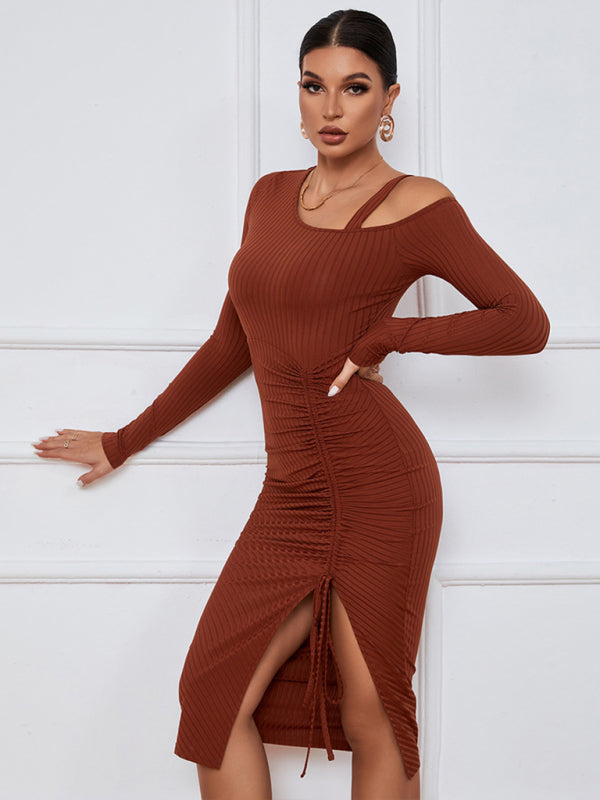 Women’s Long Sleeve Off The Shoulder Neckline Dress With Extra Strap And Front Thigh Leg Slit