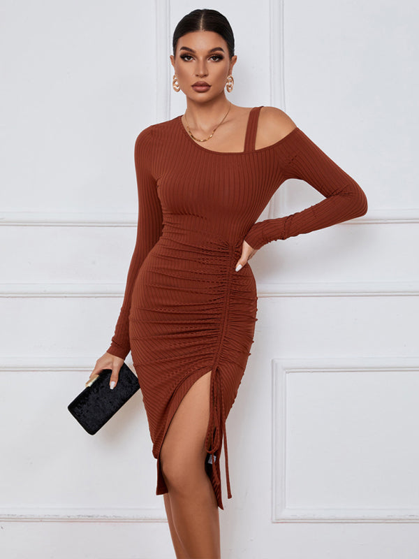 Women’s Long Sleeve Off The Shoulder Neckline Dress With Extra Strap And Front Thigh Leg Slit