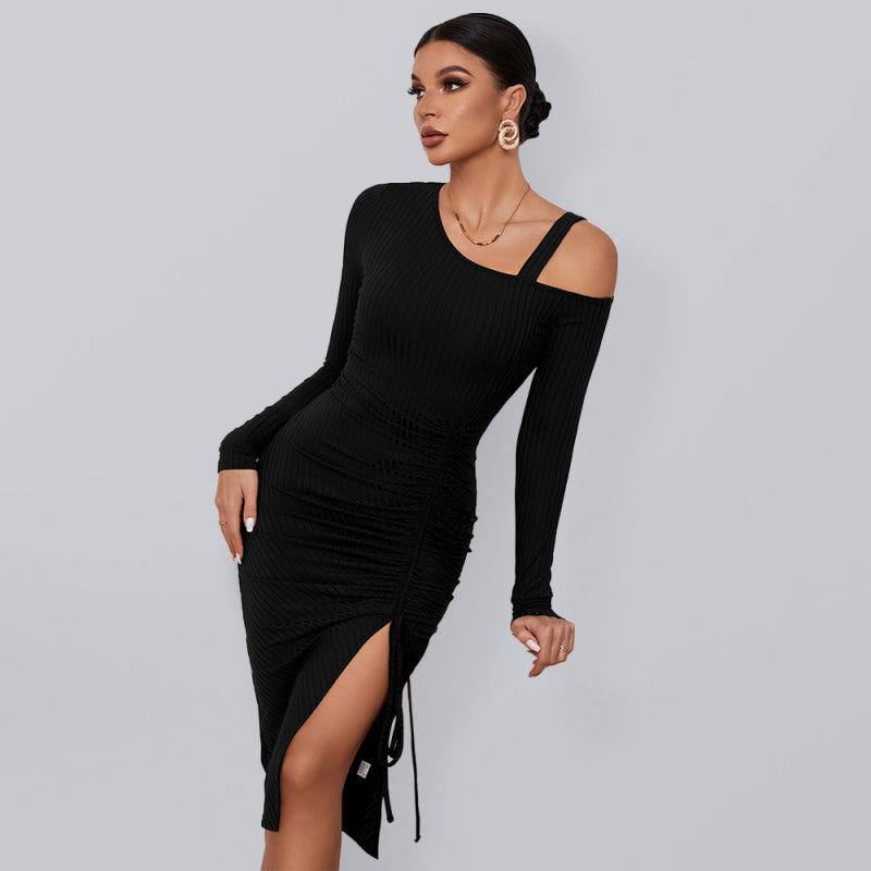 Women’s Long Sleeve Off The Shoulder Neckline Dress With Extra Strap And Front Thigh Leg Slit