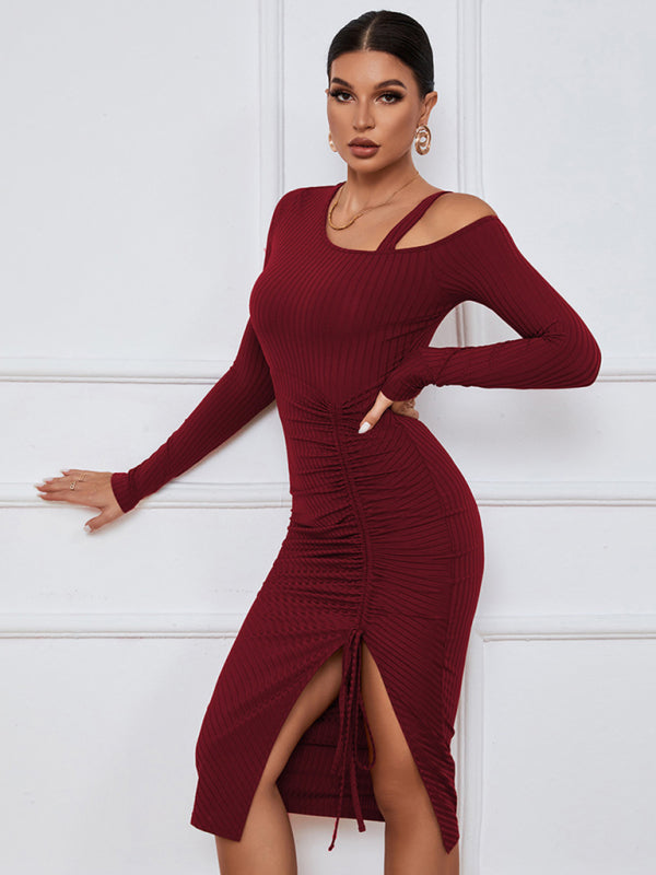 Women’s Long Sleeve Off The Shoulder Neckline Dress With Extra Strap And Front Thigh Leg Slit