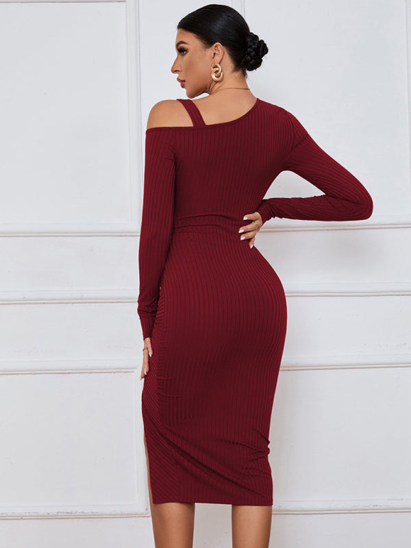 Women’s Long Sleeve Off The Shoulder Neckline Dress With Extra Strap And Front Thigh Leg Slit