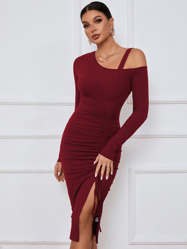 Women’s Long Sleeve Off The Shoulder Neckline Dress With Extra Strap And Front Thigh Leg Slit