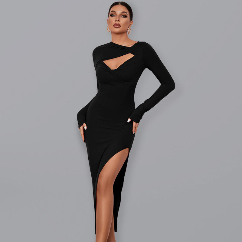 Women’s Long Sleeve Angled Neckline Dress With Front Cutouts And Leg Slit