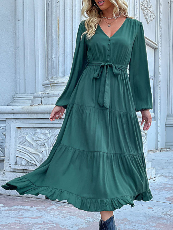 Women's Solid Color Long-sleeve Maxi Dress With A Button Front And A Tie Waist