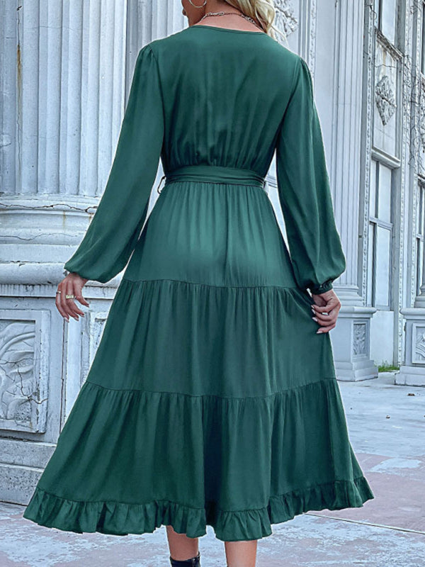 Women's Solid Color Long-sleeve Maxi Dress With A Button Front And A Tie Waist