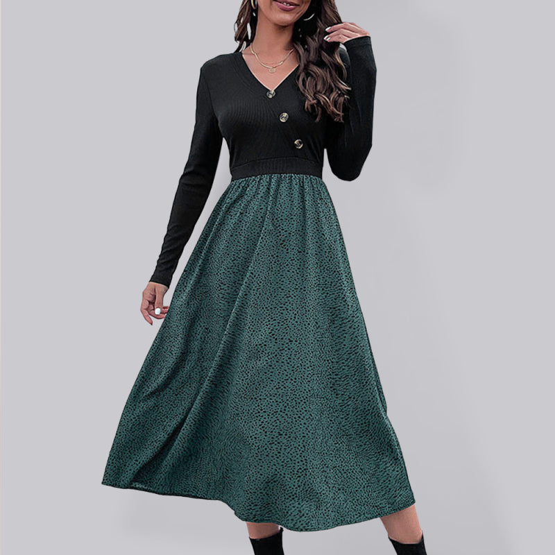 Women's Solid Color Long Sleeve Faux Wrap A-line Polka Dot Skirt Midi Dress