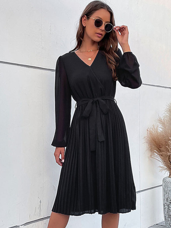 Women's Solid Color Pleated Long Sleeve Faux Wrap Dress