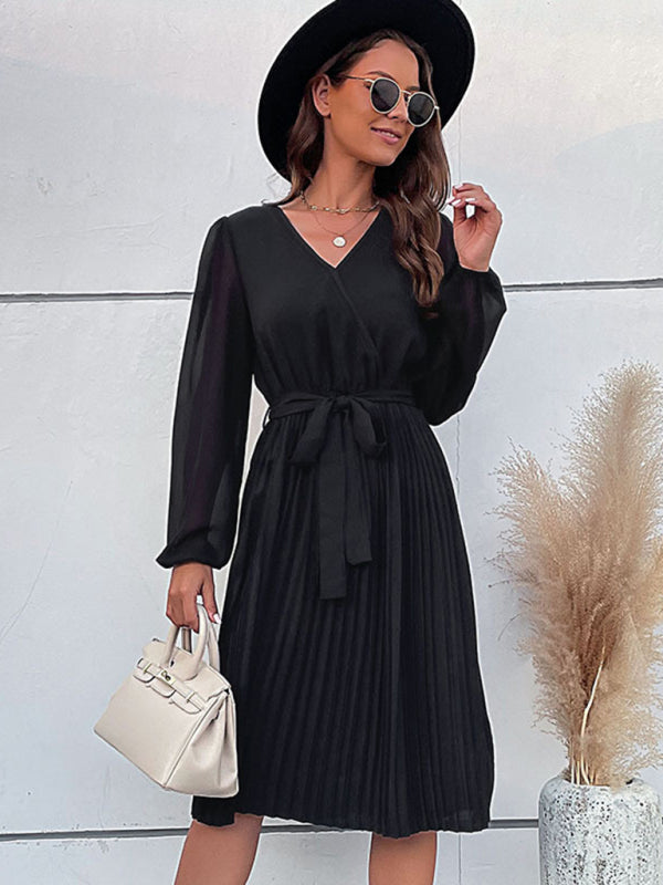 Women's Solid Color Pleated Long Sleeve Faux Wrap Dress