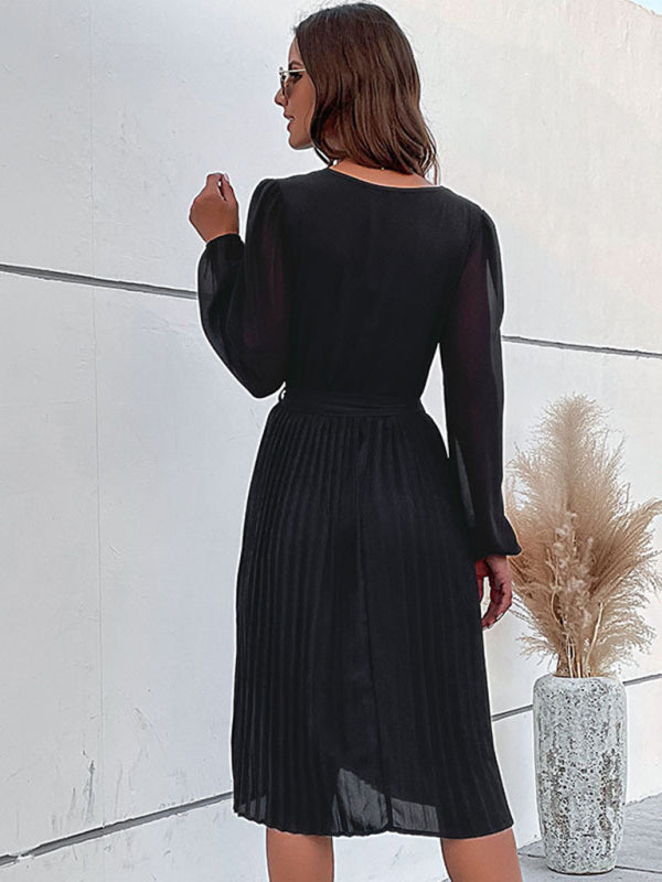 Women's Solid Color Pleated Long Sleeve Faux Wrap Dress