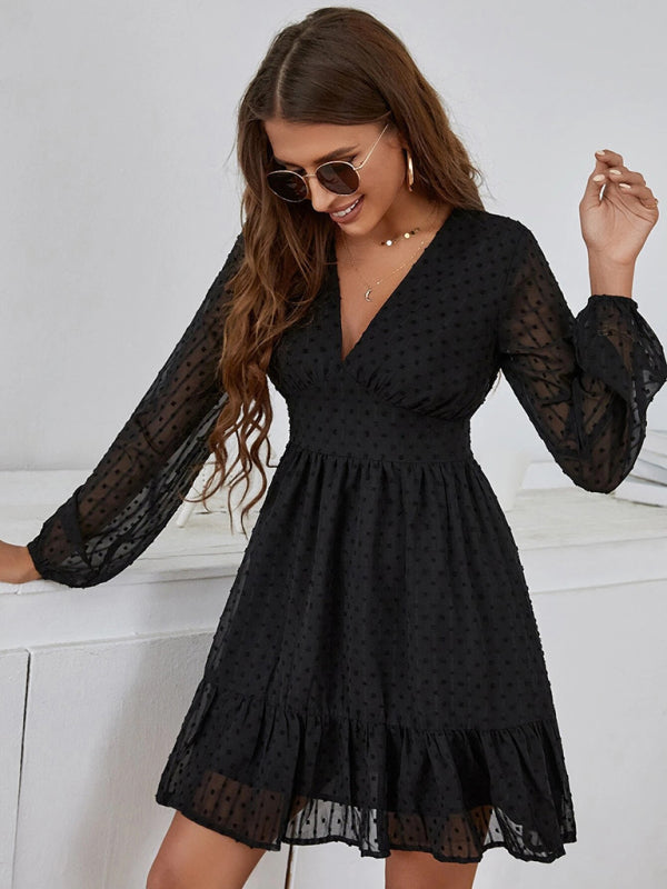 Women's Solid Color Clip Polka Dot Chiffon Fit And Flare Dress