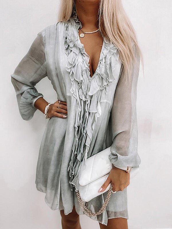 Women's solid color ruffled long sleeve dress