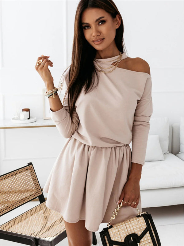 Women's Solid Color Round Neck Off Shoulder Long Sleeve Dress