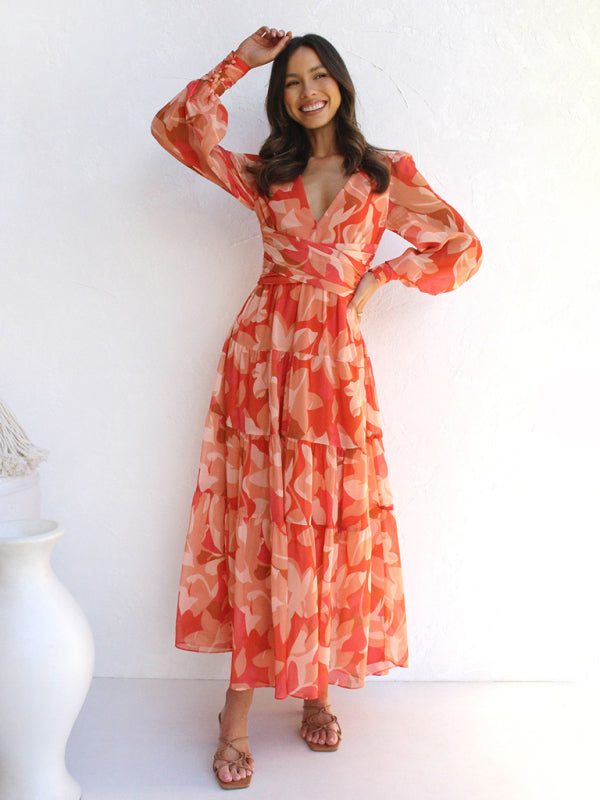 Women's V-neck long-sleeved floral long-sleeved dress