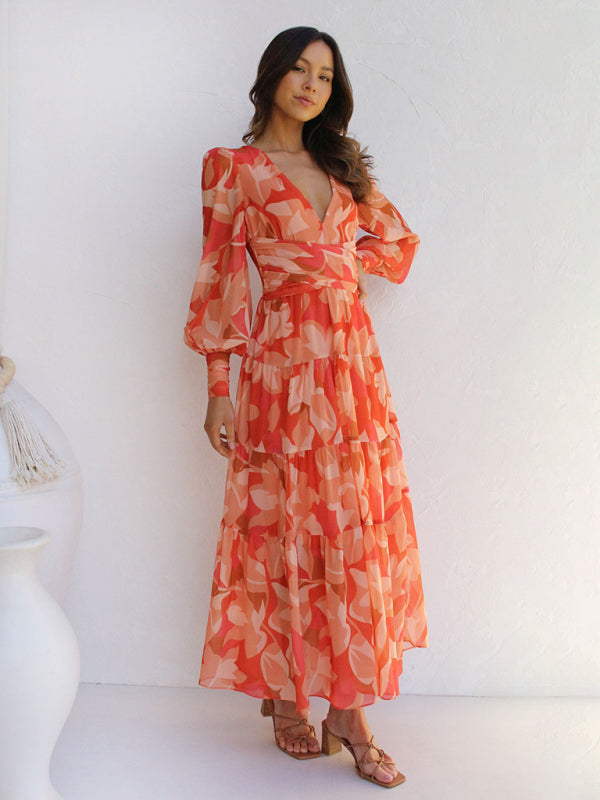 Women's V-neck long-sleeved floral long-sleeved dress