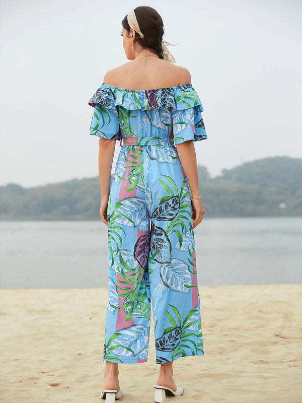 Women's woven one-shoulder chiffon floral resort jumpsuit