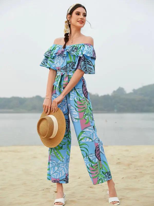 Women's woven one-shoulder chiffon floral resort jumpsuit