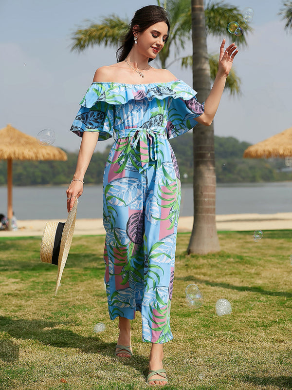 Women's woven one-shoulder chiffon floral resort jumpsuit