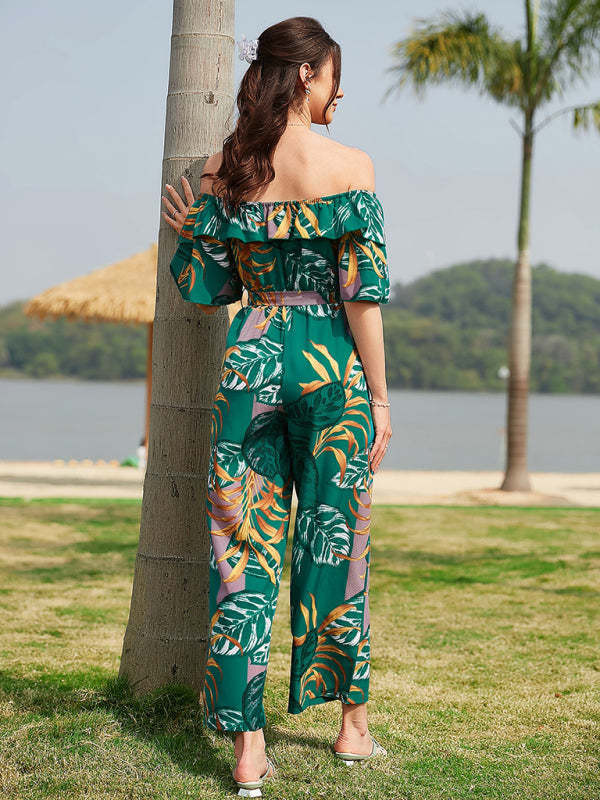 Women's woven one-shoulder chiffon floral resort jumpsuit