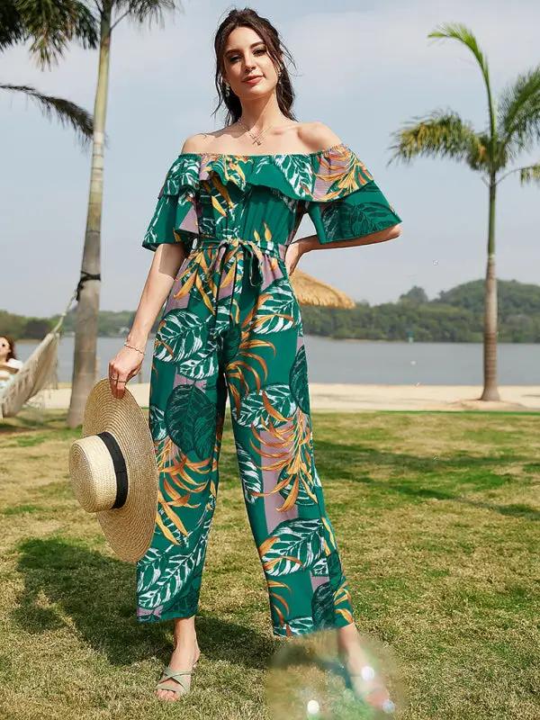 Women's woven one-shoulder chiffon floral resort jumpsuit