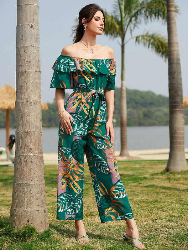 Women's woven one-shoulder chiffon floral resort jumpsuit