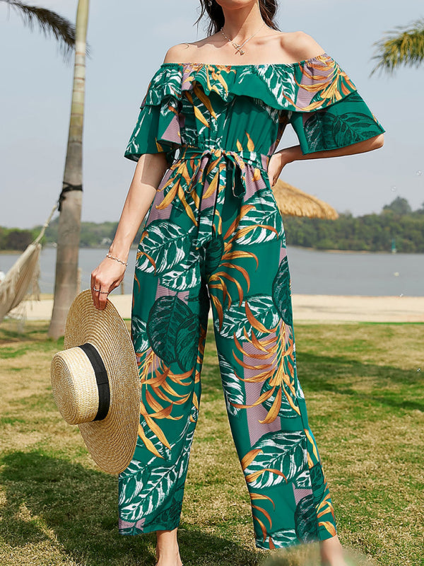 Women's woven one-shoulder chiffon floral resort jumpsuit