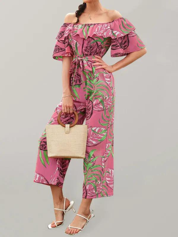 Women's woven one-shoulder chiffon floral resort jumpsuit