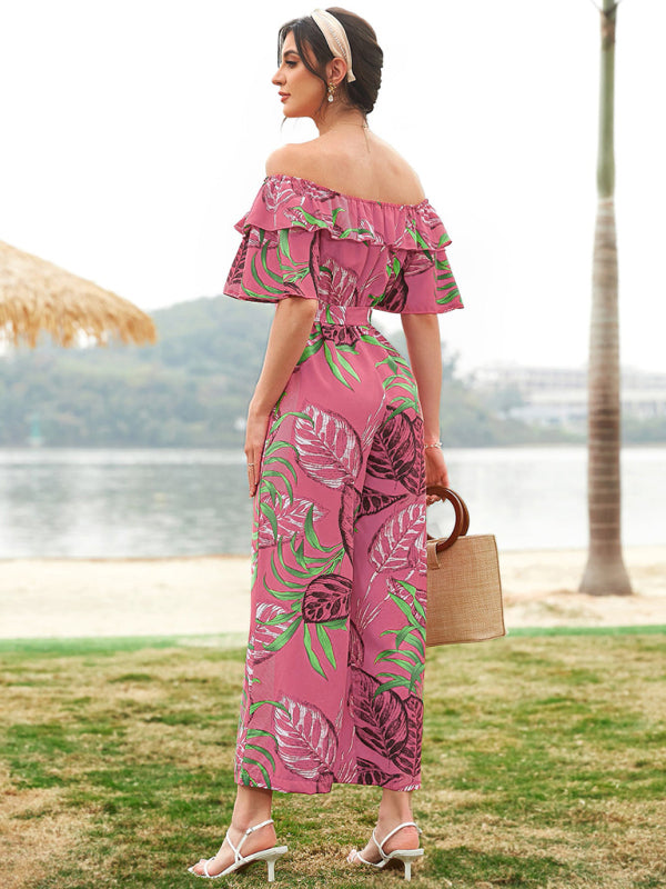 Women's woven one-shoulder chiffon floral resort jumpsuit