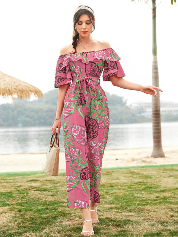 Women's woven one-shoulder chiffon floral resort jumpsuit