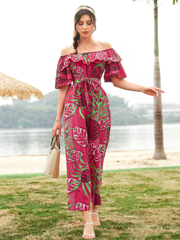 Women's woven one-shoulder chiffon floral resort jumpsuit