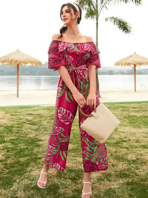 Women's woven one-shoulder chiffon floral resort jumpsuit