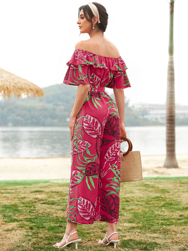 Women's woven one-shoulder chiffon floral resort jumpsuit