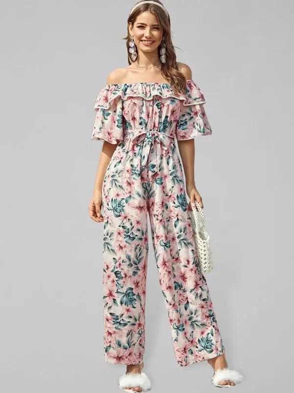 Women's woven one-shoulder floral ruffled jumpsuit