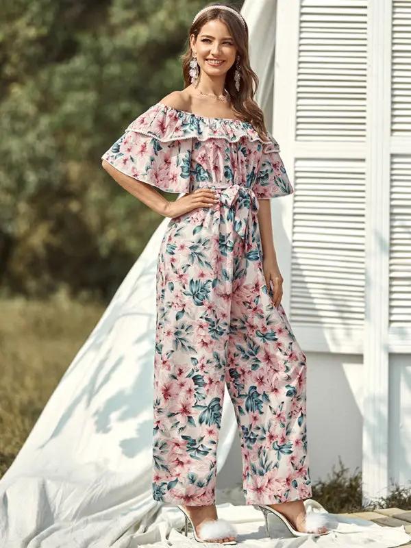 Women's woven one-shoulder floral ruffled jumpsuit