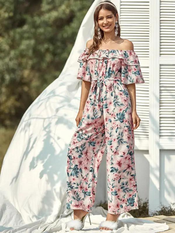 Women's woven one-shoulder floral ruffled jumpsuit