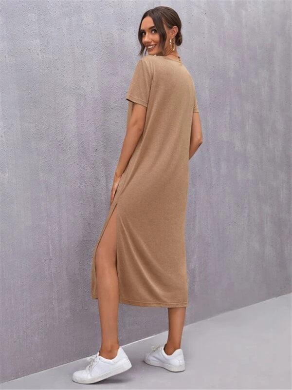 Women's Knitted Short Sleeve Dress Round Neck Slit Mid Skirt