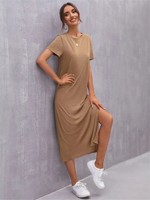 Women's Knitted Short Sleeve Dress Round Neck Slit Mid Skirt