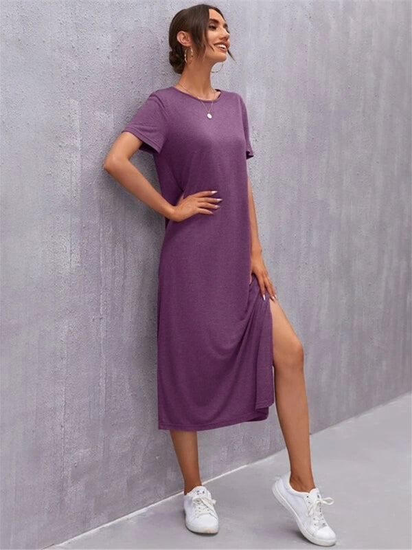 Women's Knitted Short Sleeve Dress Round Neck Slit Mid Skirt