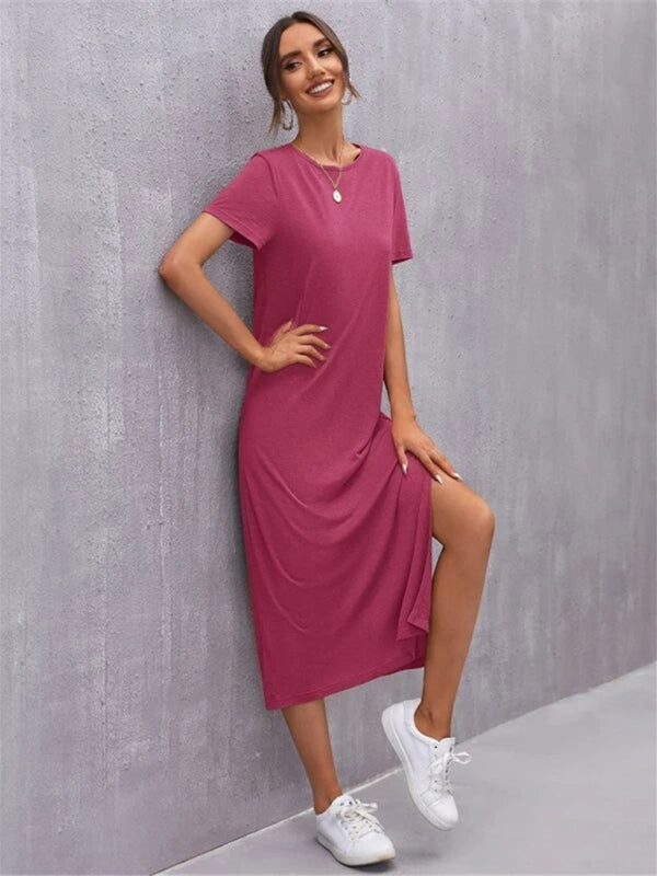 Women's Knitted Short Sleeve Dress Round Neck Slit Mid Skirt