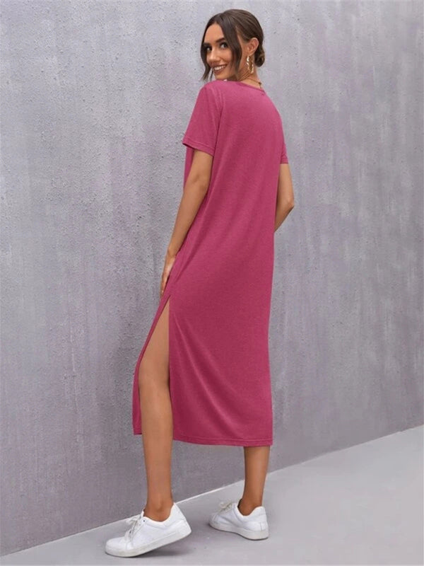 Women's Knitted Short Sleeve Dress Round Neck Slit Mid Skirt