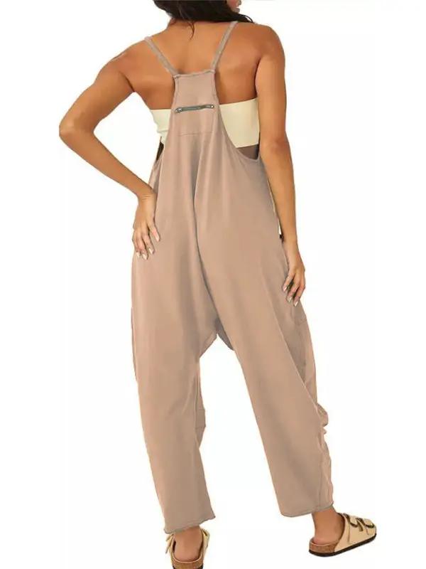 Women's casual solid color V-neck suspender pocket jumpsuit