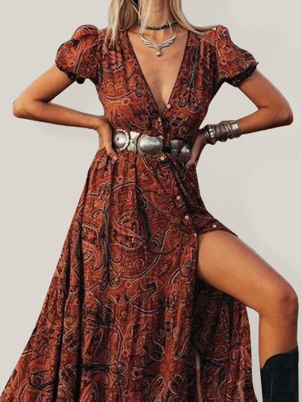 Women's sexy printed V-neck short-sleeved bohemian resort dress (belt not included)