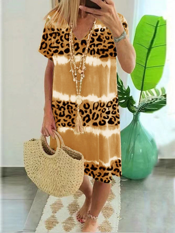 Ladies Dress Feminine Leopard Print Casual Midi Dress