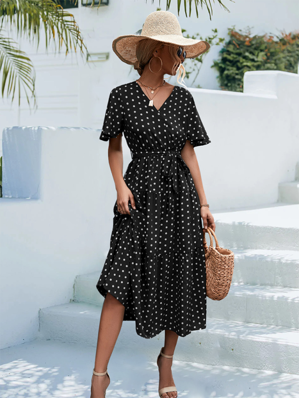 Women's Polka Dot Print Short Sleeve Midi Dress