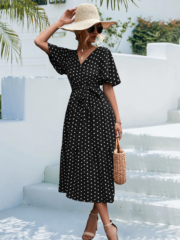 Women's Polka Dot Print Short Sleeve Midi Dress